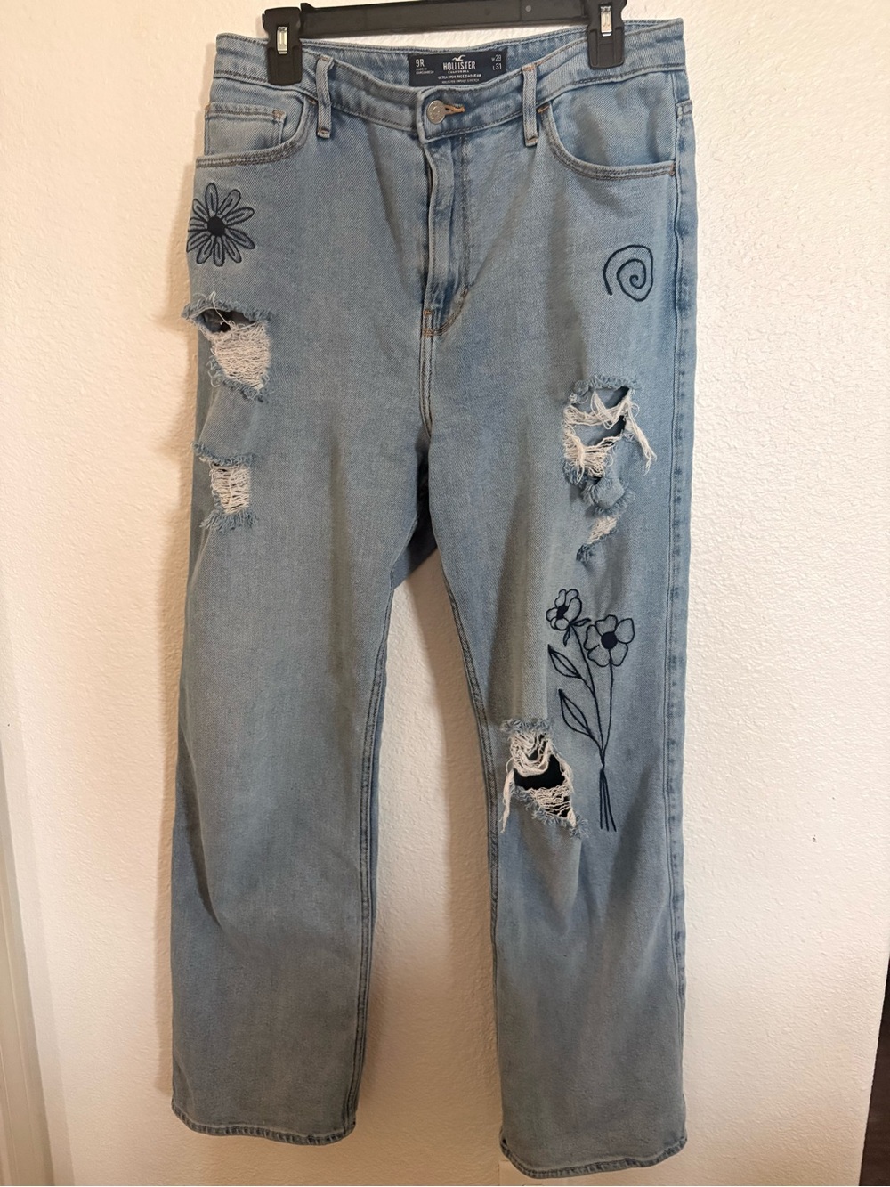 Boho Hollister Light Blue Distressed Jeans with Navy Floral Doodles